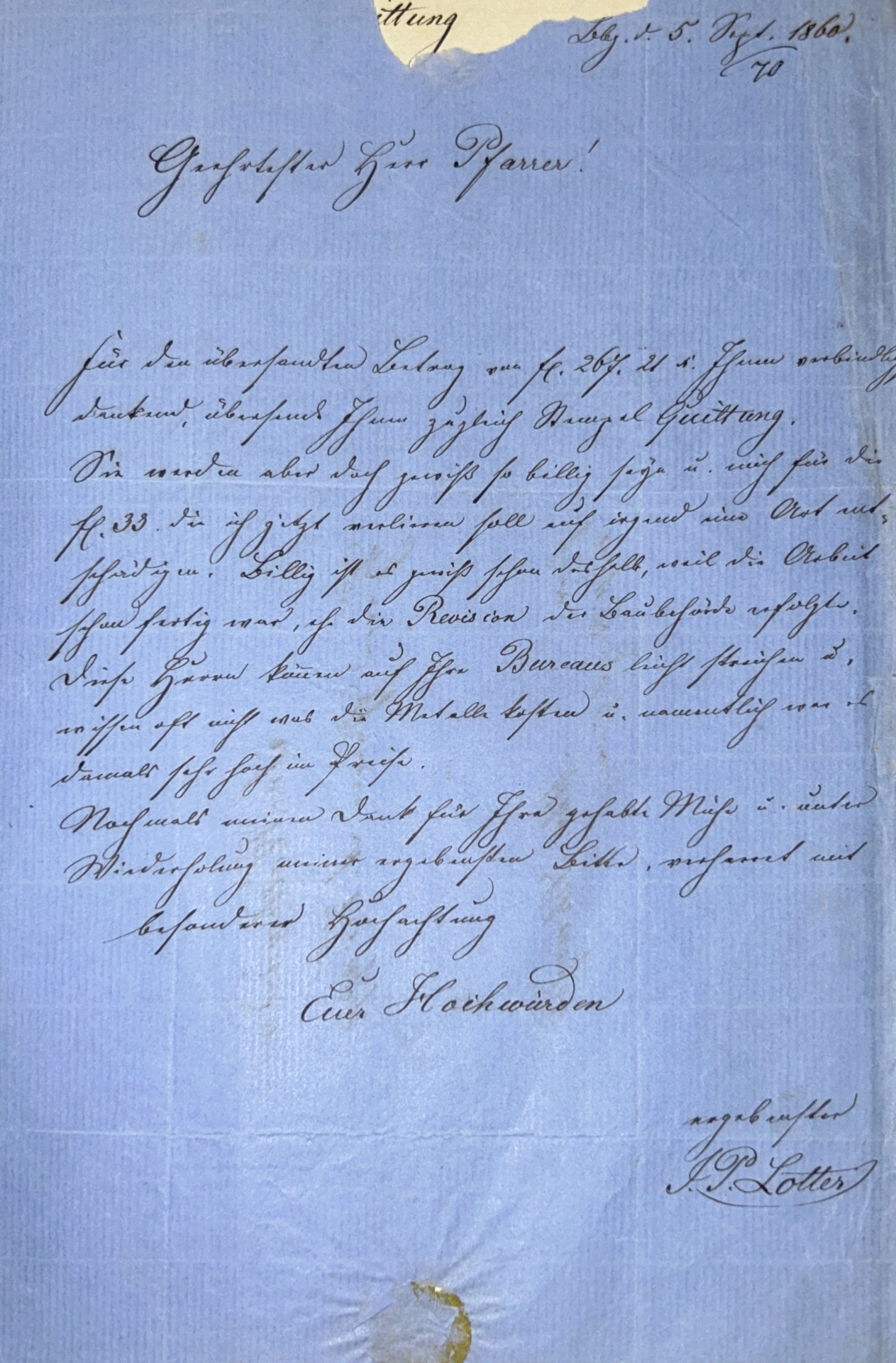 Korrespondenz des Glockengießers Lotter mit der kath. Kirchenverwaltung Scheinfeld, 1860 (Repro: Ben Schröder)